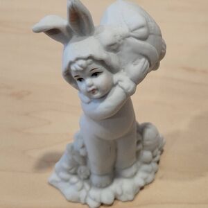 Charming White Bunny Figurine ~ Bisque porcelain bunny with giant egg. Easter